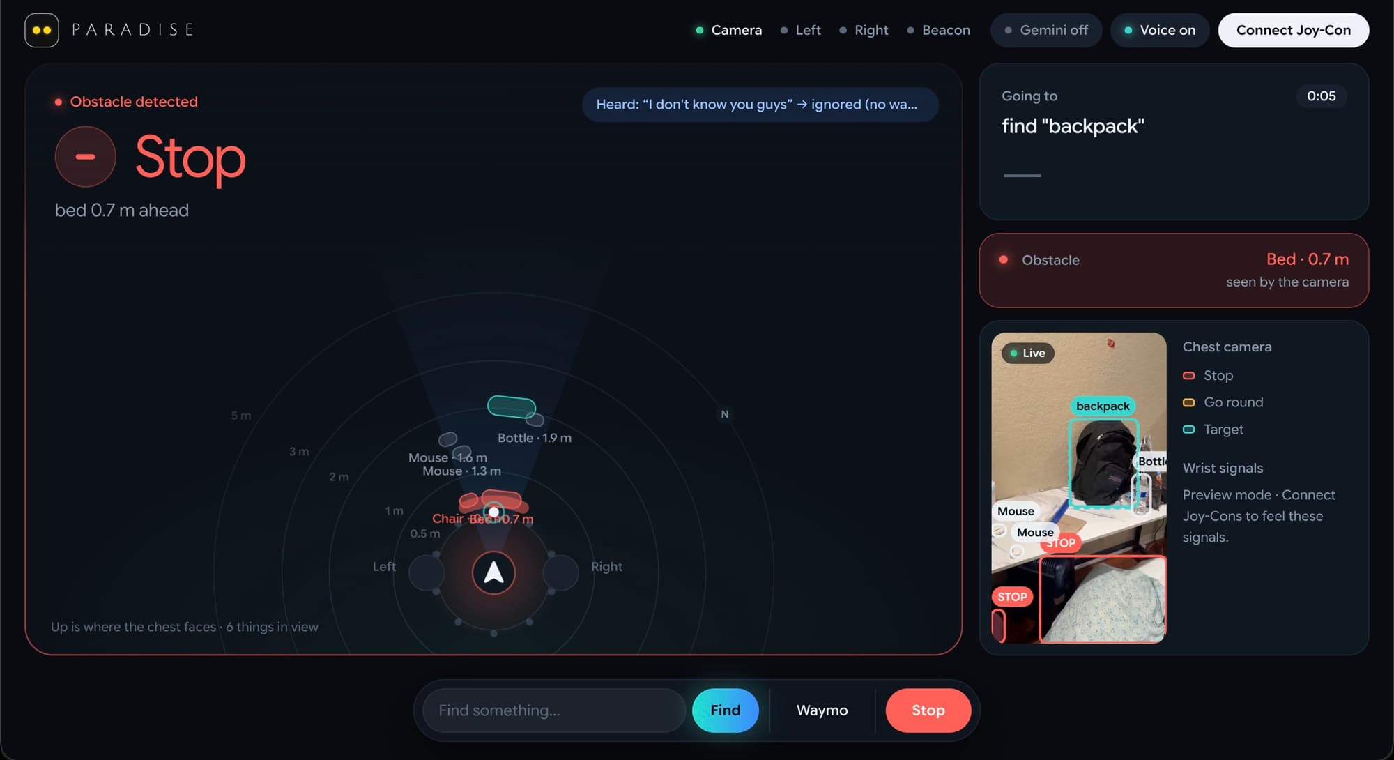 Paradise laptop dashboard in find mode, with the chest camera feed marking a backpack target and a bed obstacle, beside a top-down scene map.